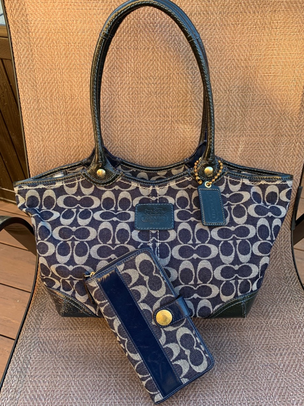 Coach 12573 denim blue and Gray Signature Bleeker Tote Bag with matching wallet